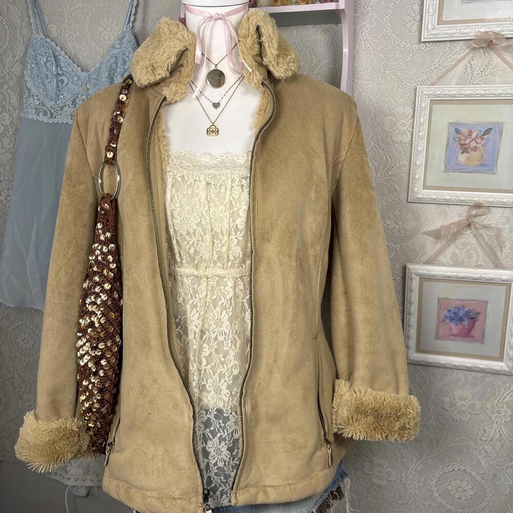 vintage fur trim‎ suede jacket zip up - Picture 3 of 8